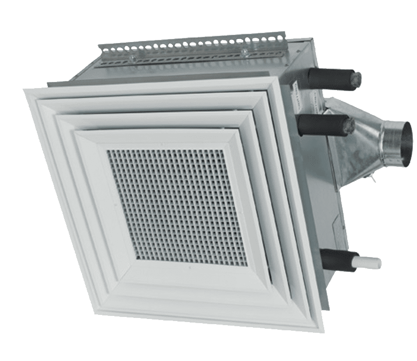 4wayblower- A square ceiling mounted air vent with an open mesh design.