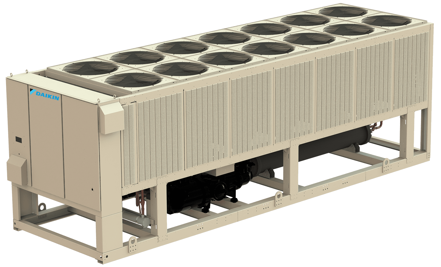 A large industrial HVAC chiller unit with multiple fans on top.