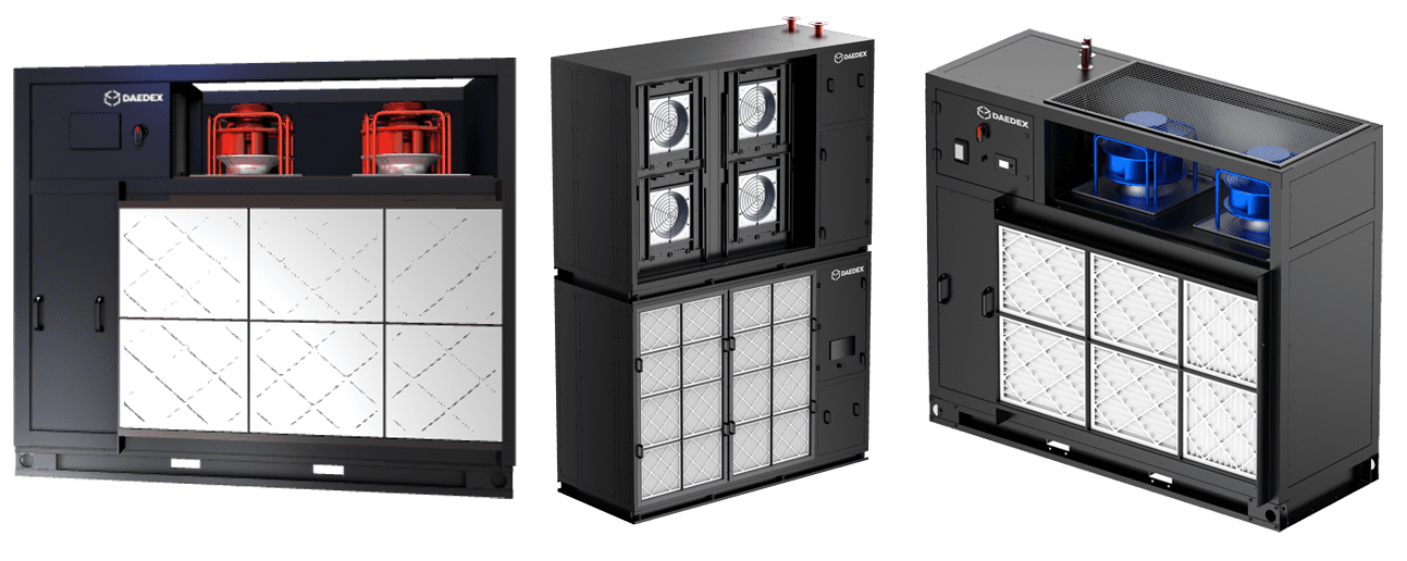 Three views of a large industrial air filtration unit with multiple filters and control panels.