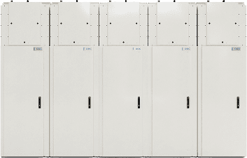 Three white industrial electrical panels with black handles and labels.