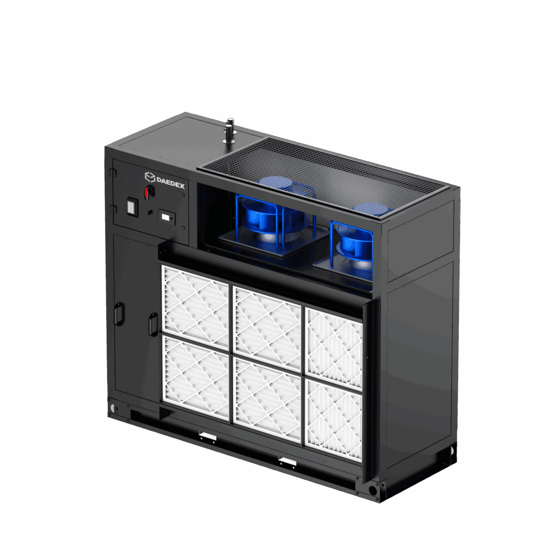 Modern black air purifier with blue lights and white filters.