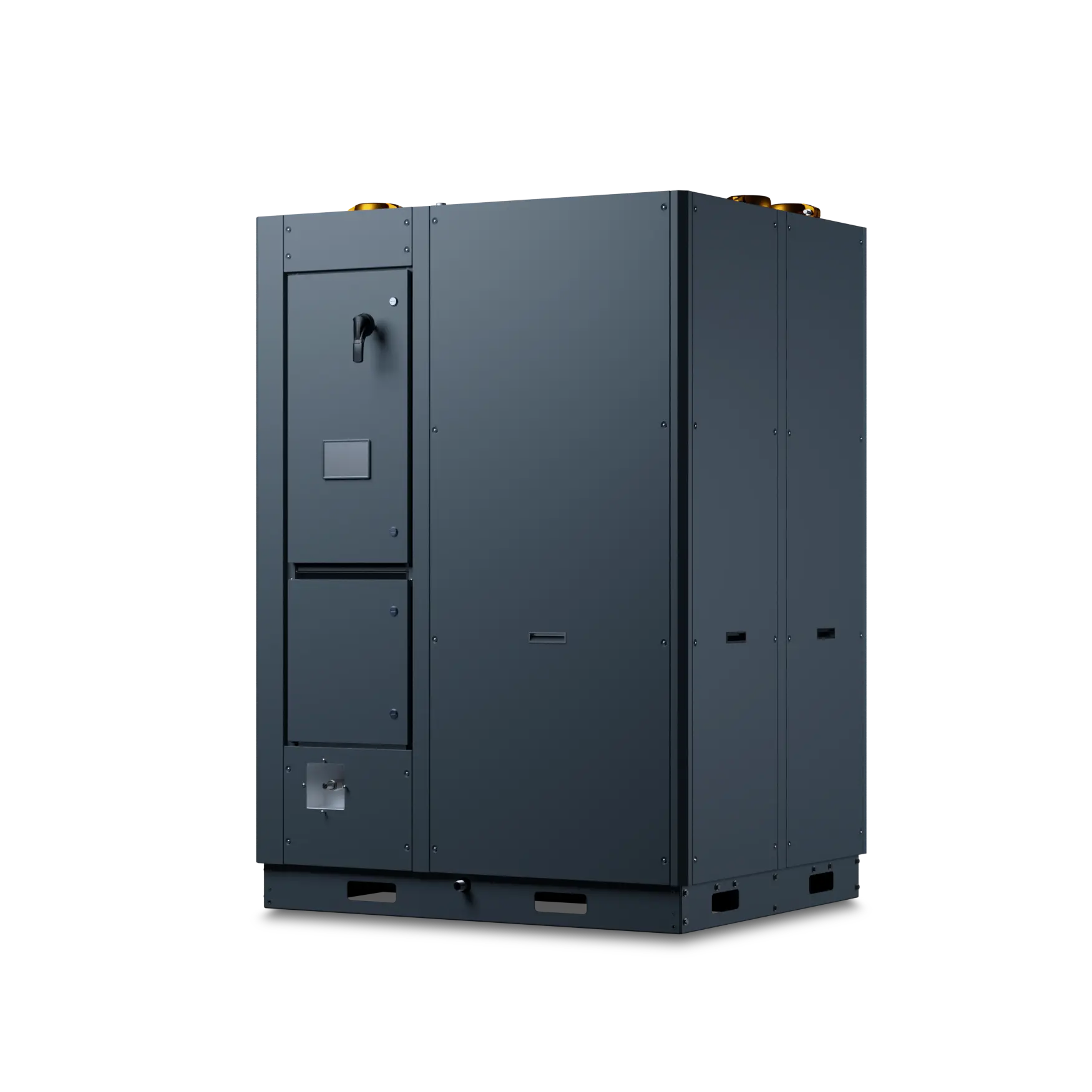 Large industrial electrical circuit breaker unit in a dark setting.