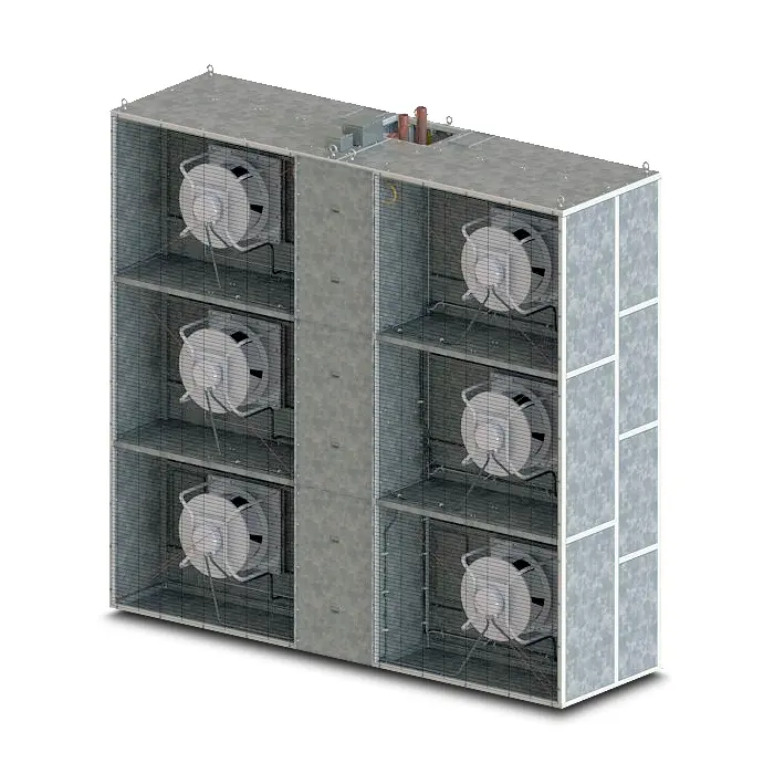 A six-fan industrial cooling unit with metal housing.